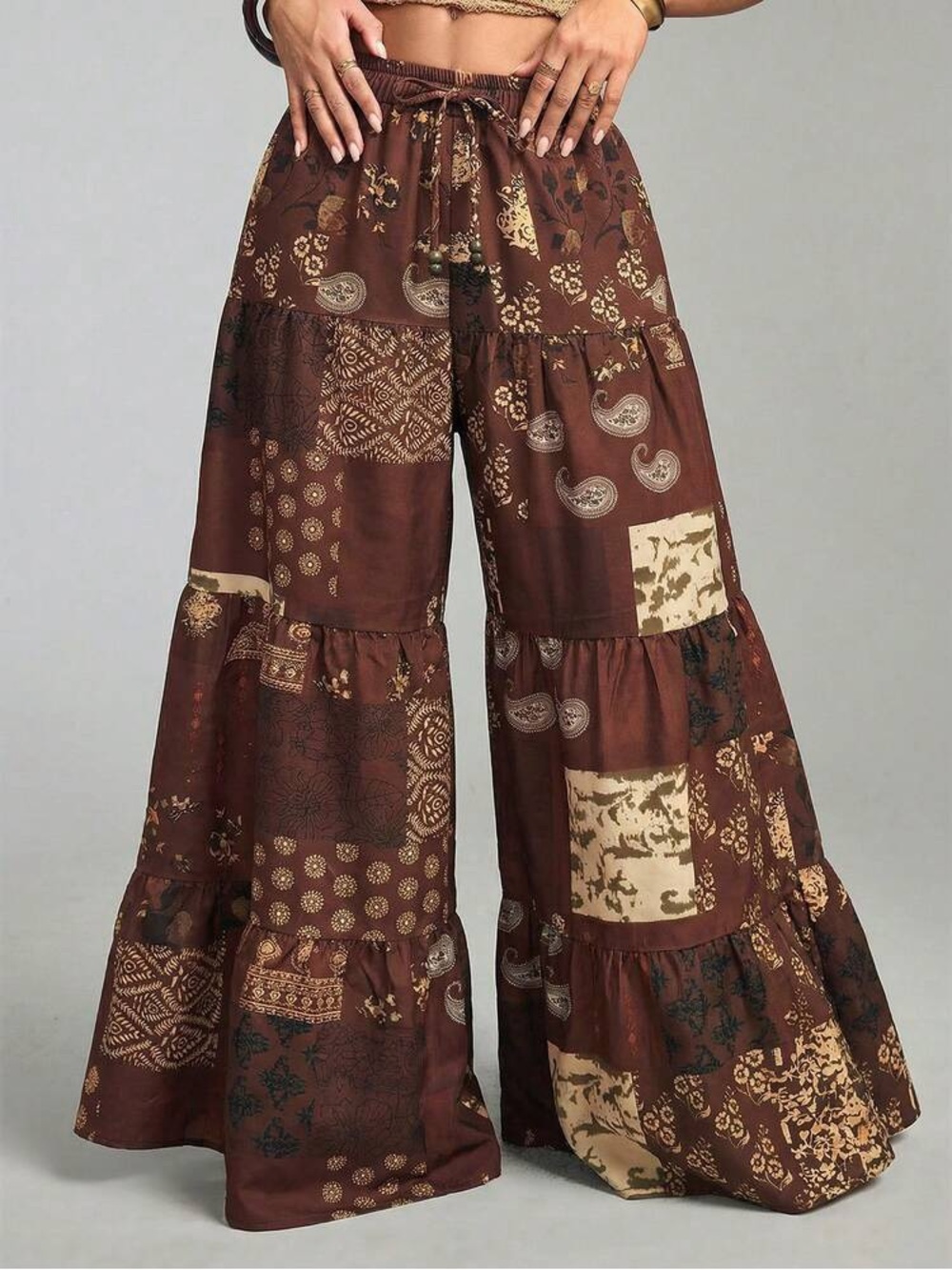 NWT Brown Patchwork wide leg hippie boho pants drawstring large - Picture 5 of 6
